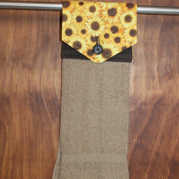 SUNFLOWER PRINT GOLD & BROWN HANDMADE HANGING KITCHEN TOWEL TAN COTTON TOWEL - Picture 2 of 4